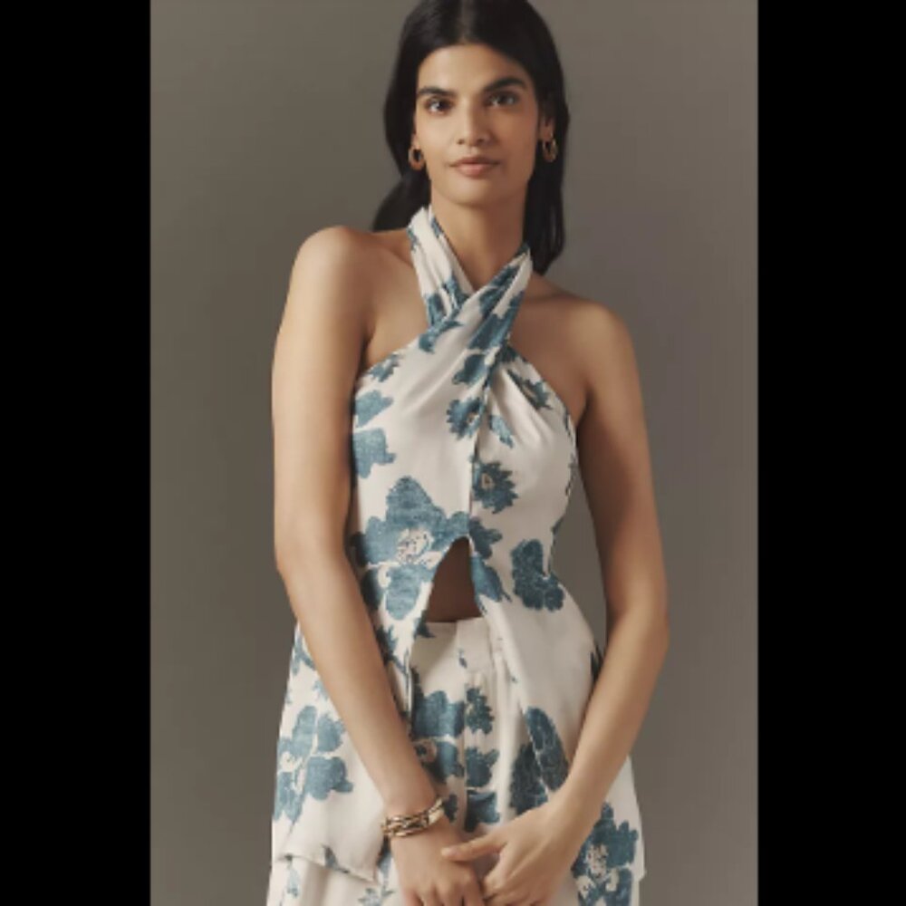 Brand New By Anthropologie Halter Block Print Silky Blouse